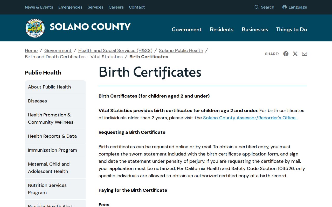 Solano County previous residents vital records source