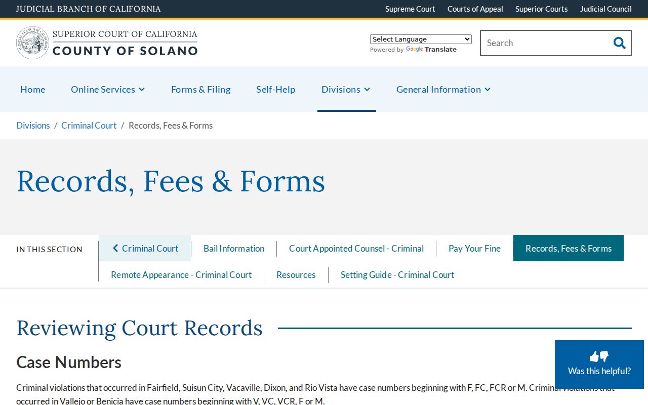 Solano County resident lookup criminal records fees and forms