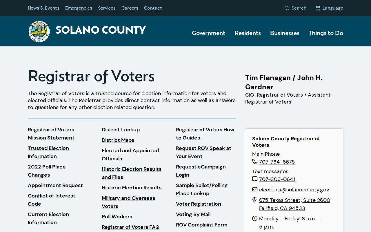 Solano County residents directory Registrar of Voters office