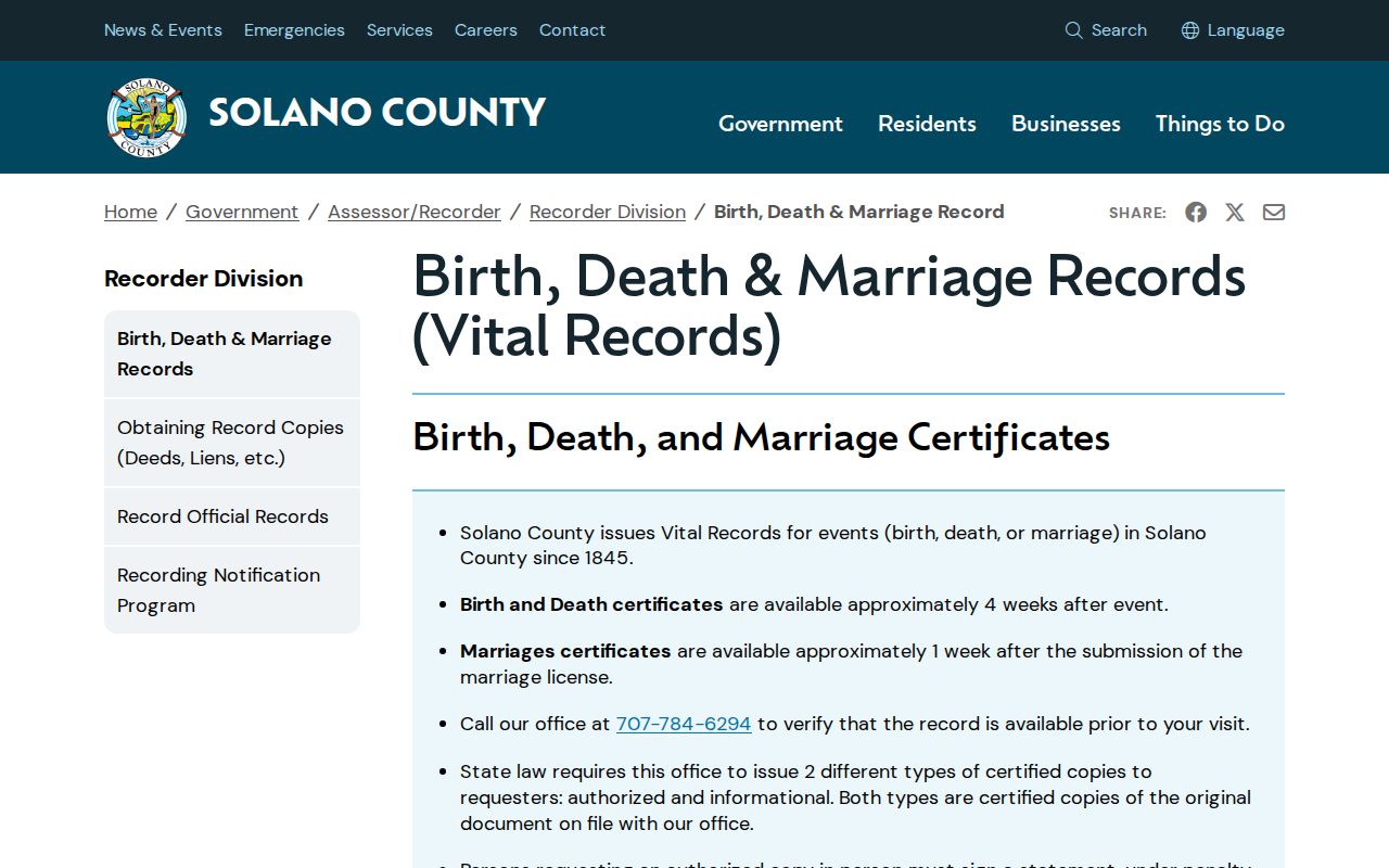 Solano County residents directory vital records access