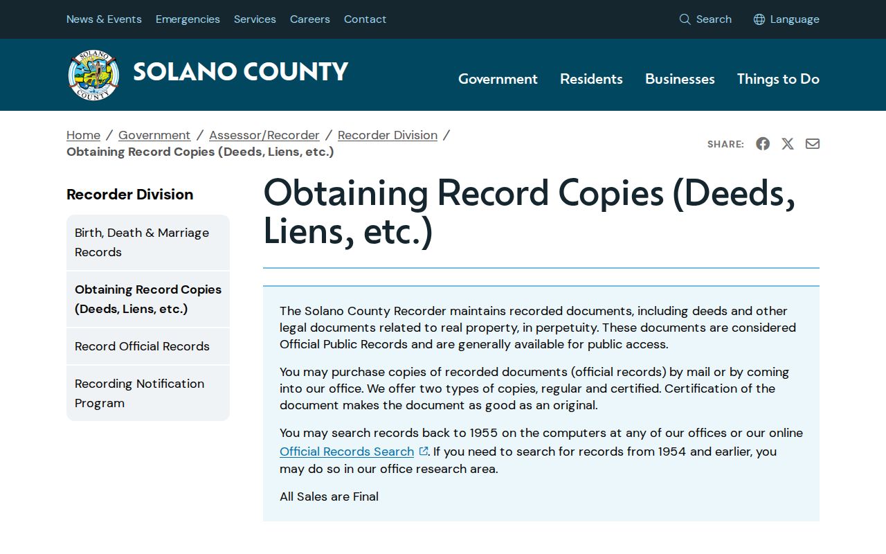 Solano County street directory deed and lien copy instructions