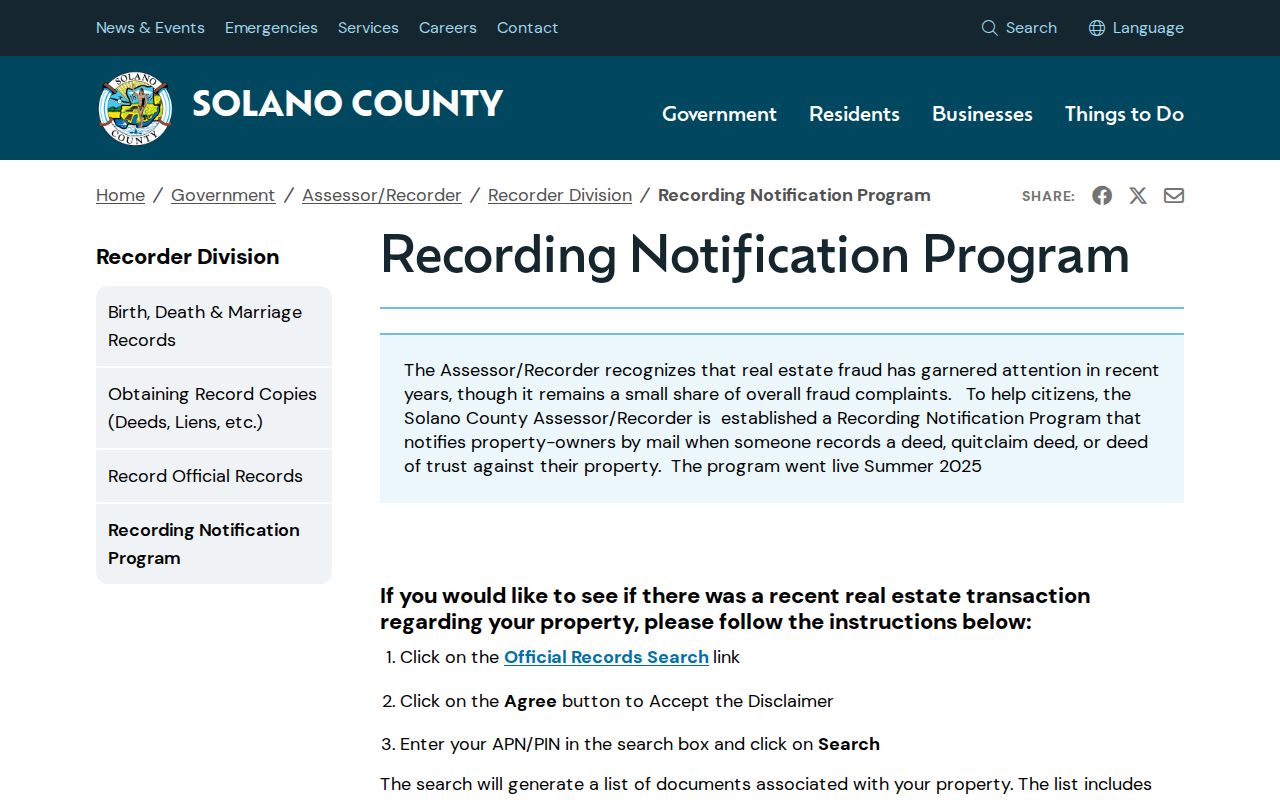 Solano County street directory recording notification address workflow